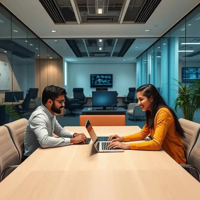 Two OpenFirms colleagues working at a laptop in a meeting room