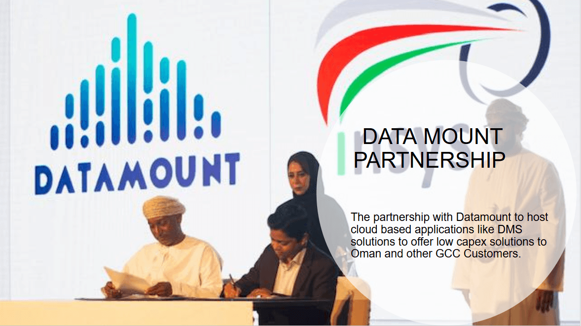 The Data Mount logo beside a photograph of the partnership signing, with a summary of the cloud hosting agreement