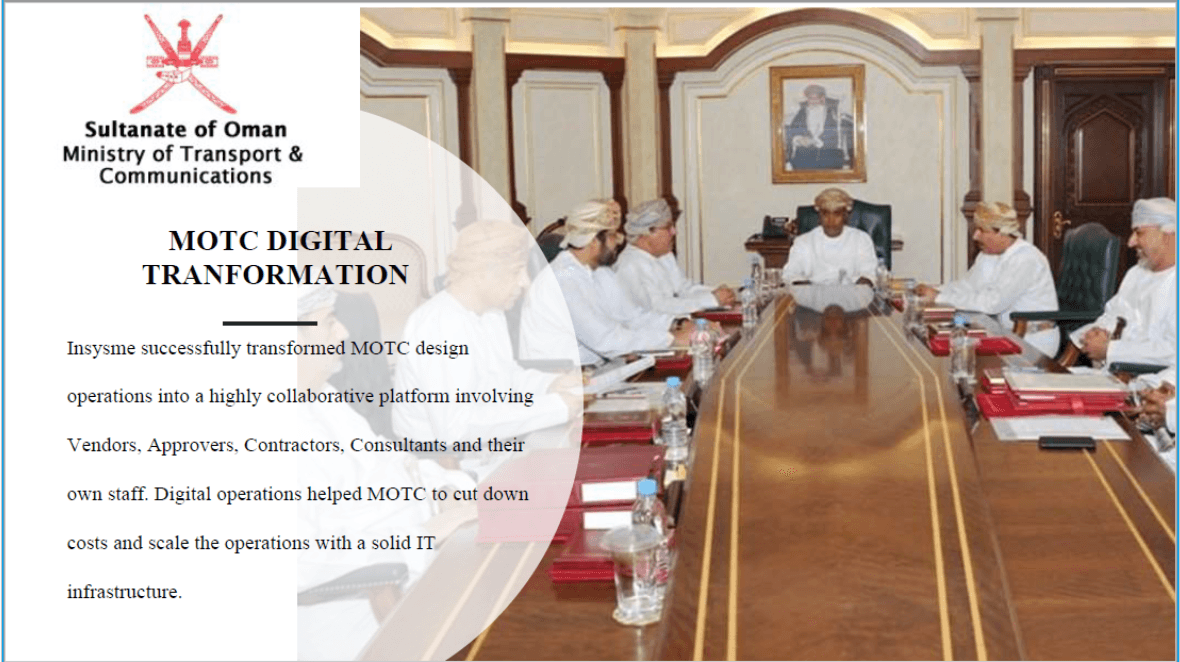 Ministry of Transport and Communications officials around a meeting table, beside a summary of the MOTC digital transformation project