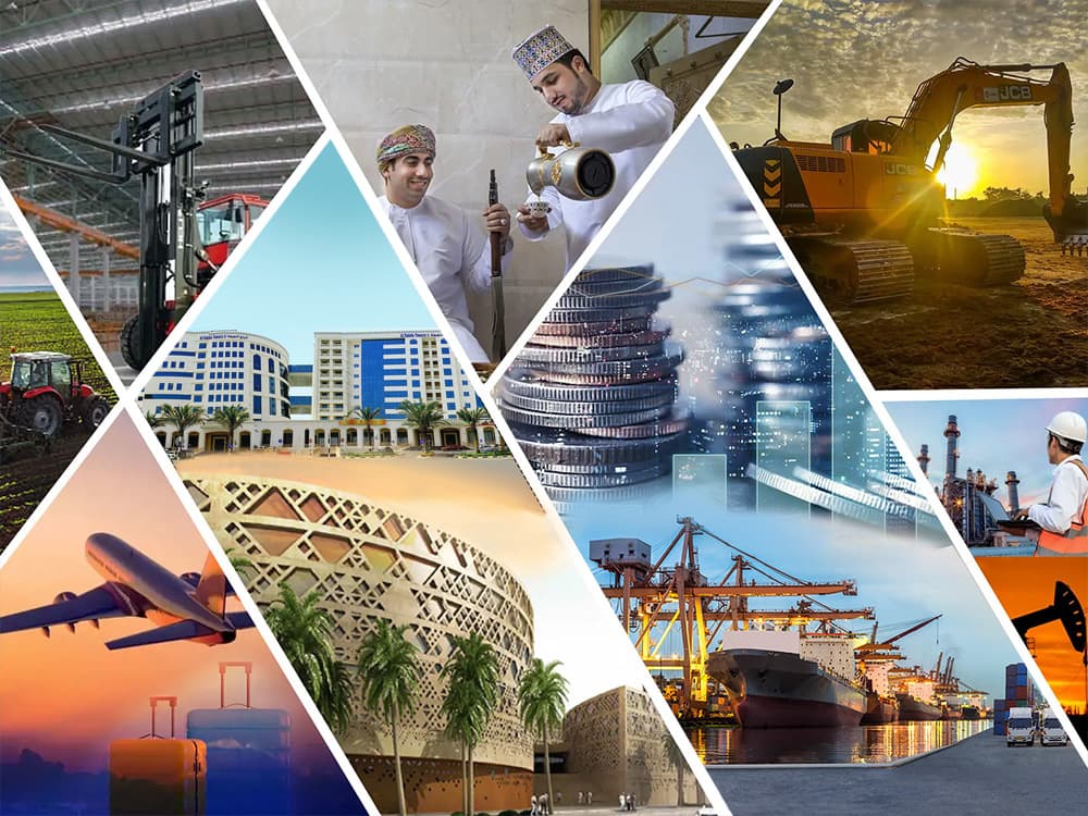 A collage of the sectors Muscat Overseas Group works in, from agriculture and aviation to shipping and oil