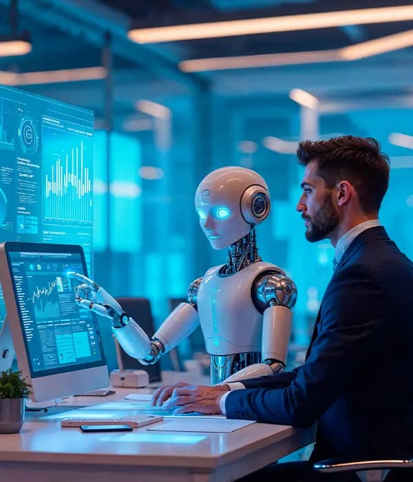 An analyst at a wall of dashboards beside a humanoid robot