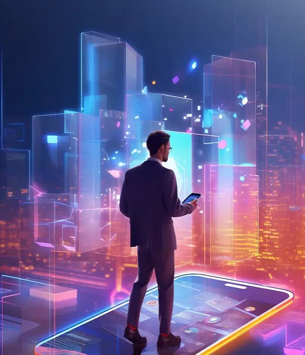 A city skyline rendered as a lit data grid, with a person standing at its centre